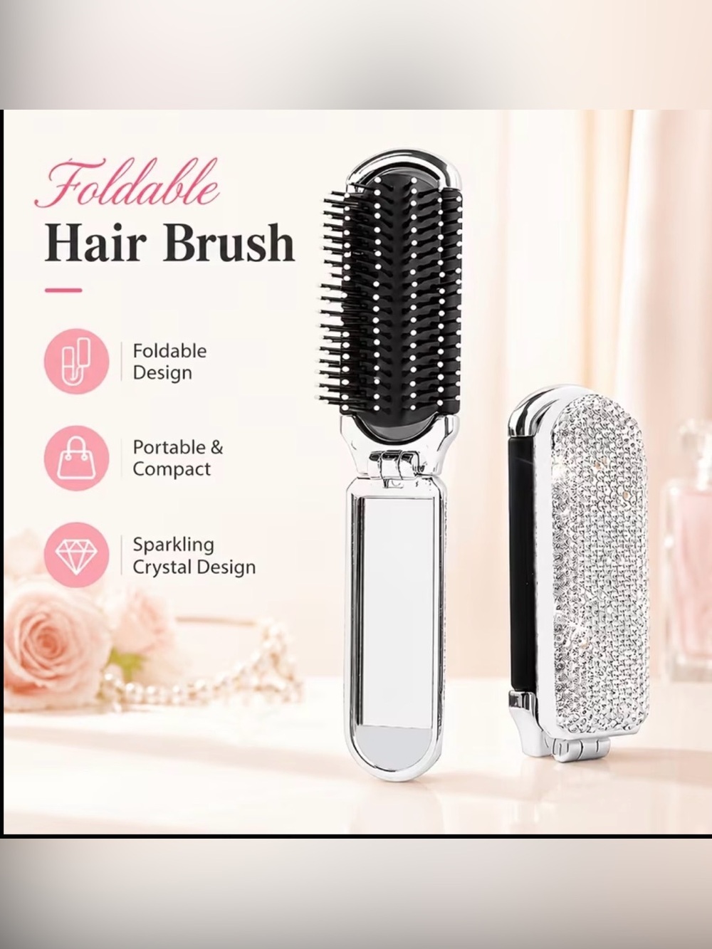Foldable Black & Silver Hair Brush with Crystal Design